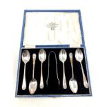 A set of six cased silver teaspoons and tongs, Sheffield marks CONDITION REPORT: 88.