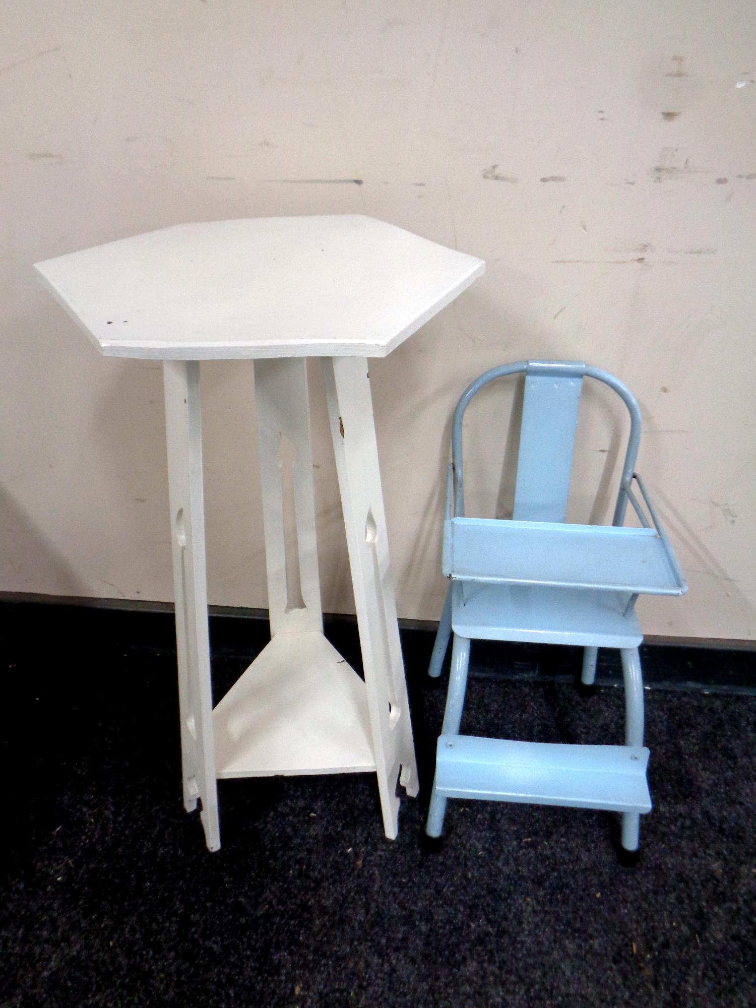 A painted Arts and Crafts occasional table together with a 20th century metal doll's high chair