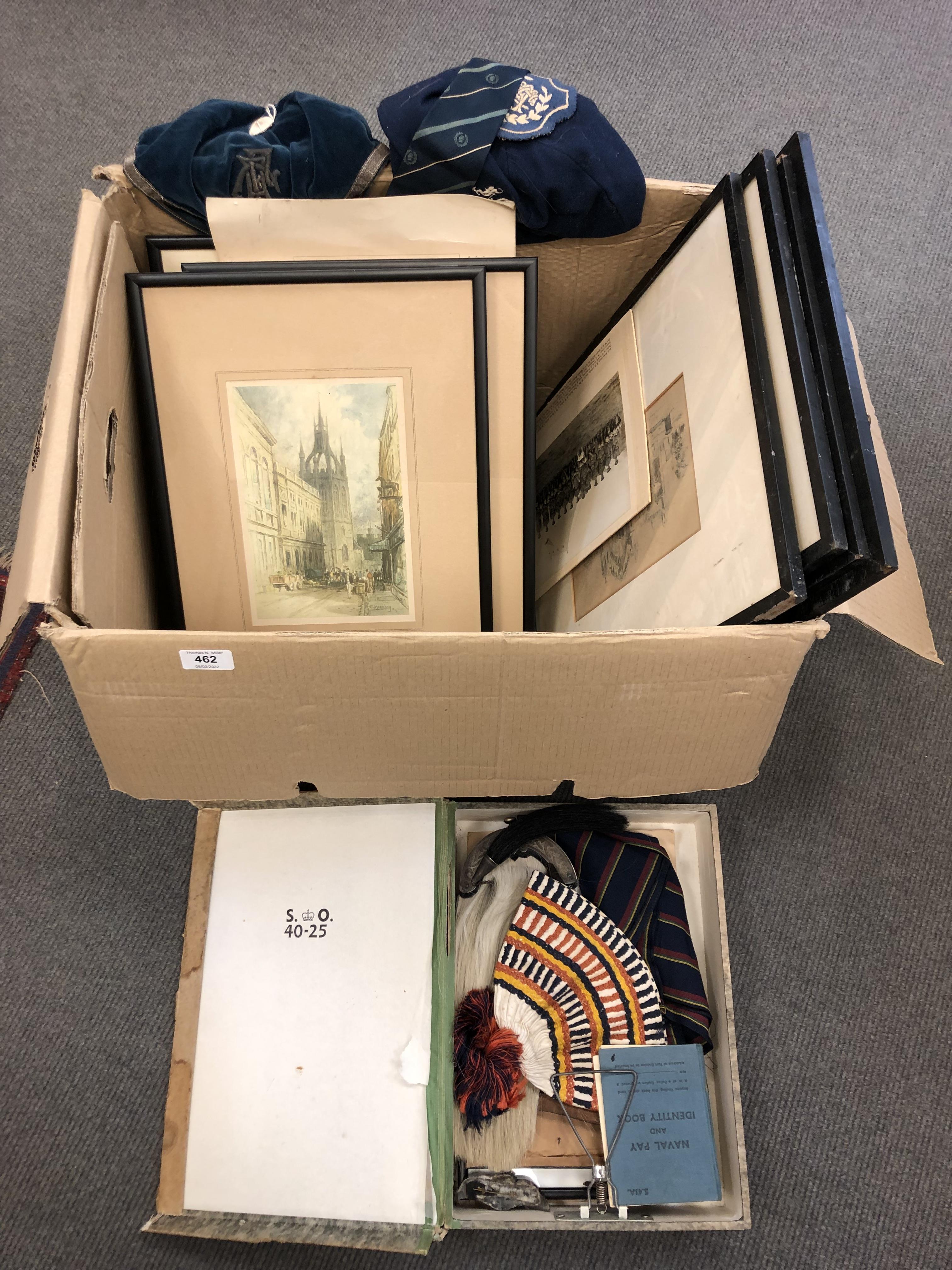 A box containing ephemera relating to the Royal Marines, sporran, monochrome photographs,