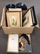 A box containing ephemera relating to the Royal Marines, sporran, monochrome photographs,