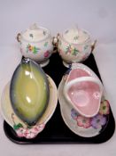 A tray containing six pieces of Maling china to include lidded biscuit barrels, basket,