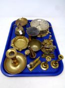 A tray containing assorted brass ware to include candlestick, miniature candlesticks and ornaments,