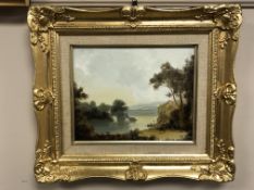 Contemporary School, River landscape with figures rowing, oil on board, 24cm by 19cm.