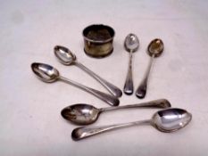 A set of six Sheffield silver teaspoons together with a Birmingham silver napkin ring