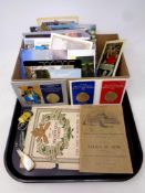 A tray containing a North East Coast Exhibition 1929 illustrated catalogue, crowns, key rings,