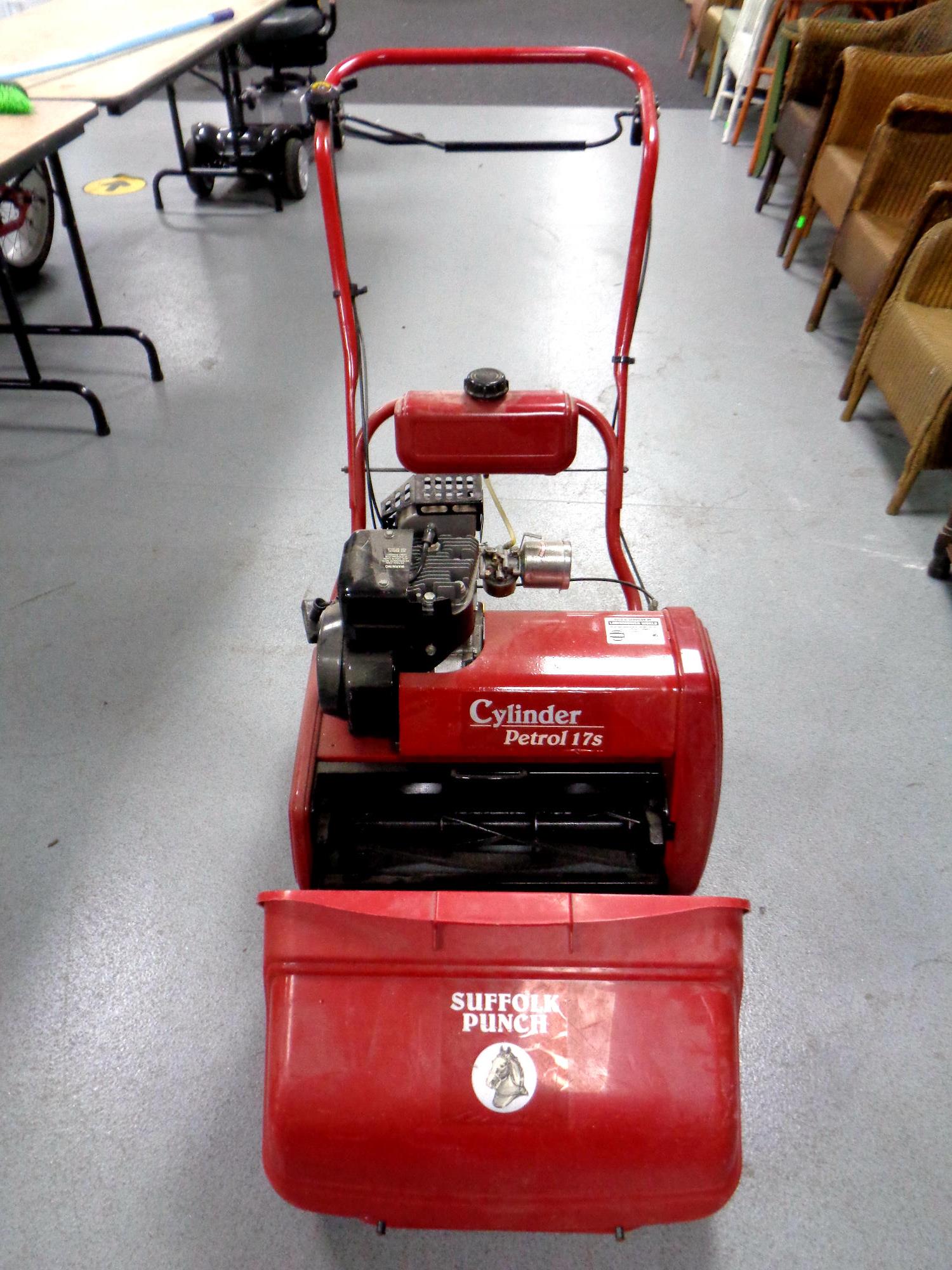 A Suffolk Punch cylinder petrol 17S lawn mower with grass box