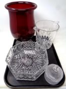 A tray containing assorted glassware to include ruby glass hurricane vase,