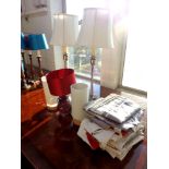 Two pairs of table lamps with shades, red glass table lamp and shade,