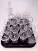 A tray containing assorted glassware to include two cut glass jugs, liqueur decanter with stopper,