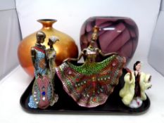 A tray of a large glass coloured vase, Royal Doulton figure, Cruella Deville (as found),