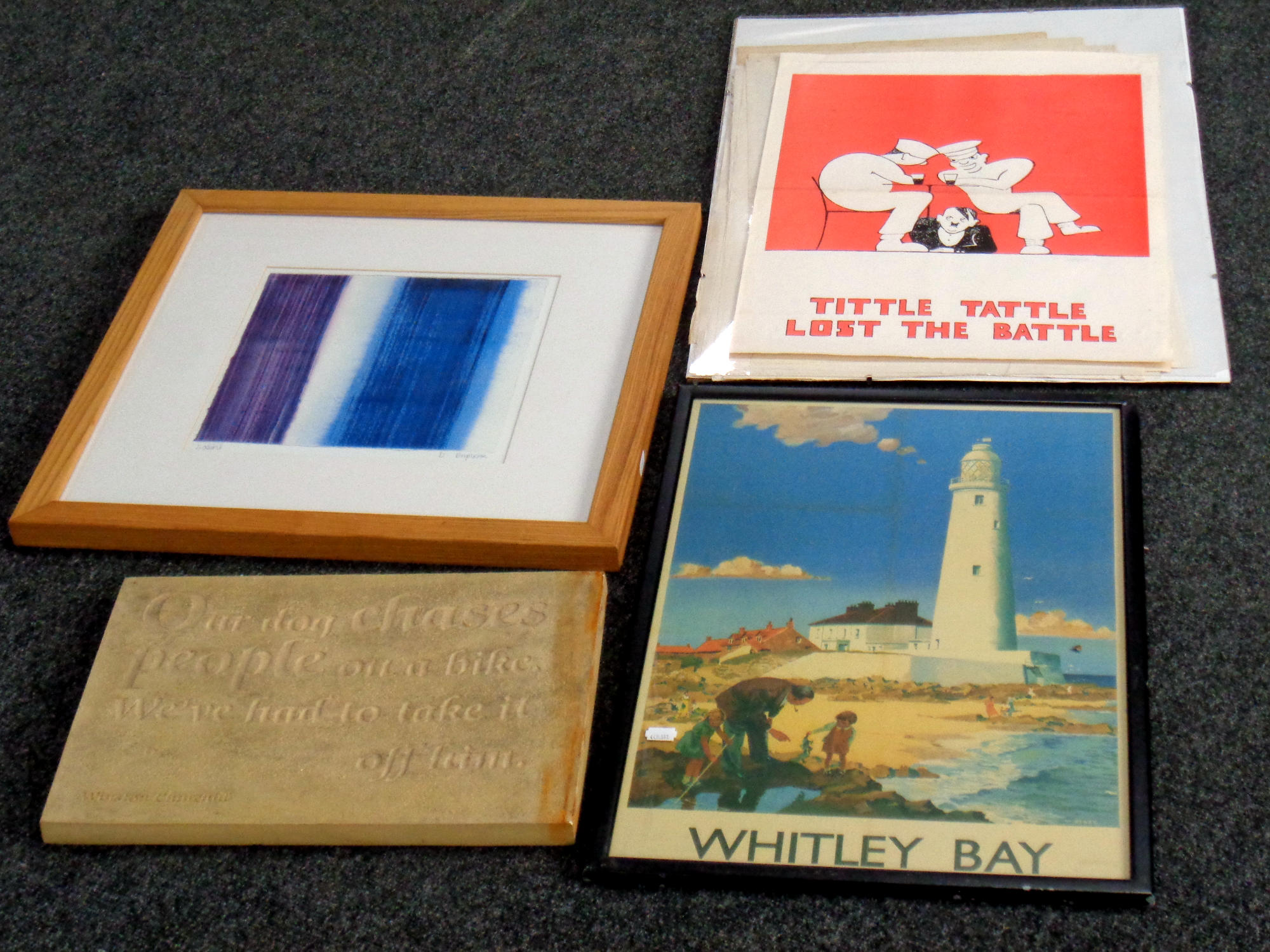 A pine framed signed colour print together with Whitley Bay colour print, plaque,