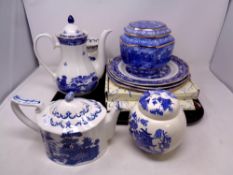 A Ringtons Castles caddy together with further blue and white Ringtons china plates,