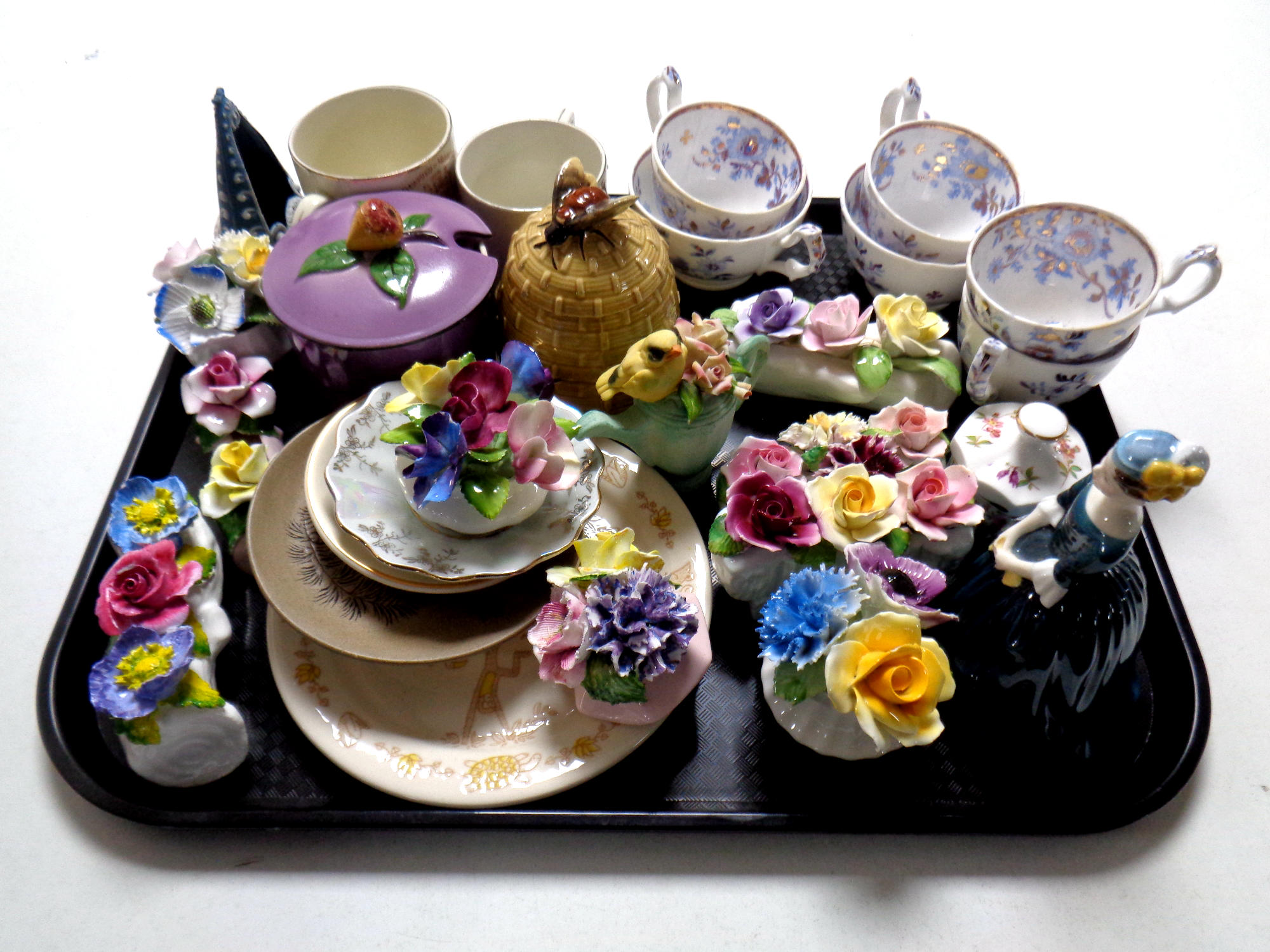 A tray of posies, china, teaware, Royal Doulton figure, Cherie,