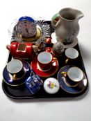 A tray containing a Smiths alarm clock, coronation glass dish,