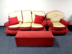 A contemporary three seater settee and armchair upholstered in a two tone fabric together with a