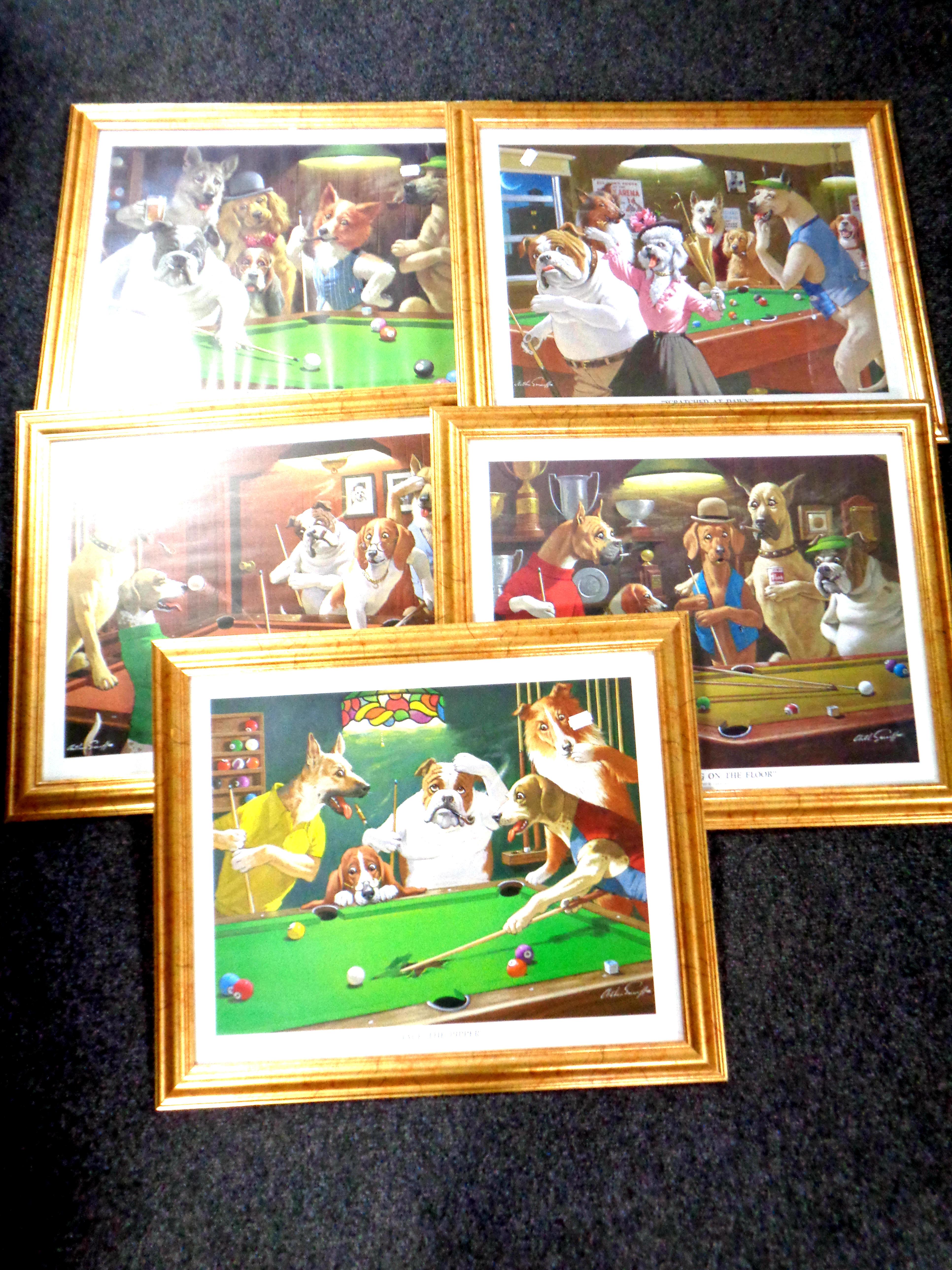 Five Arthur Sarnoff prints, dogs playing pool,