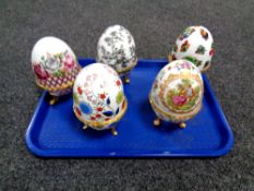 Five decorative ornamental ceramic egg caskets