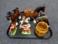 A tray of shire horse ornaments, jockeys, huntsmen,