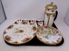 A quantity of Royal Albert Old Country Roses china to include wall clock, serving forks, posies,