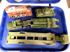 A tin plated clockwork Britannia locomotive engine together with a Dinky Centurion tank and two