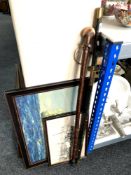 A decorative ornamental samurai sword together with a wooden stick and two pictures depicting ships