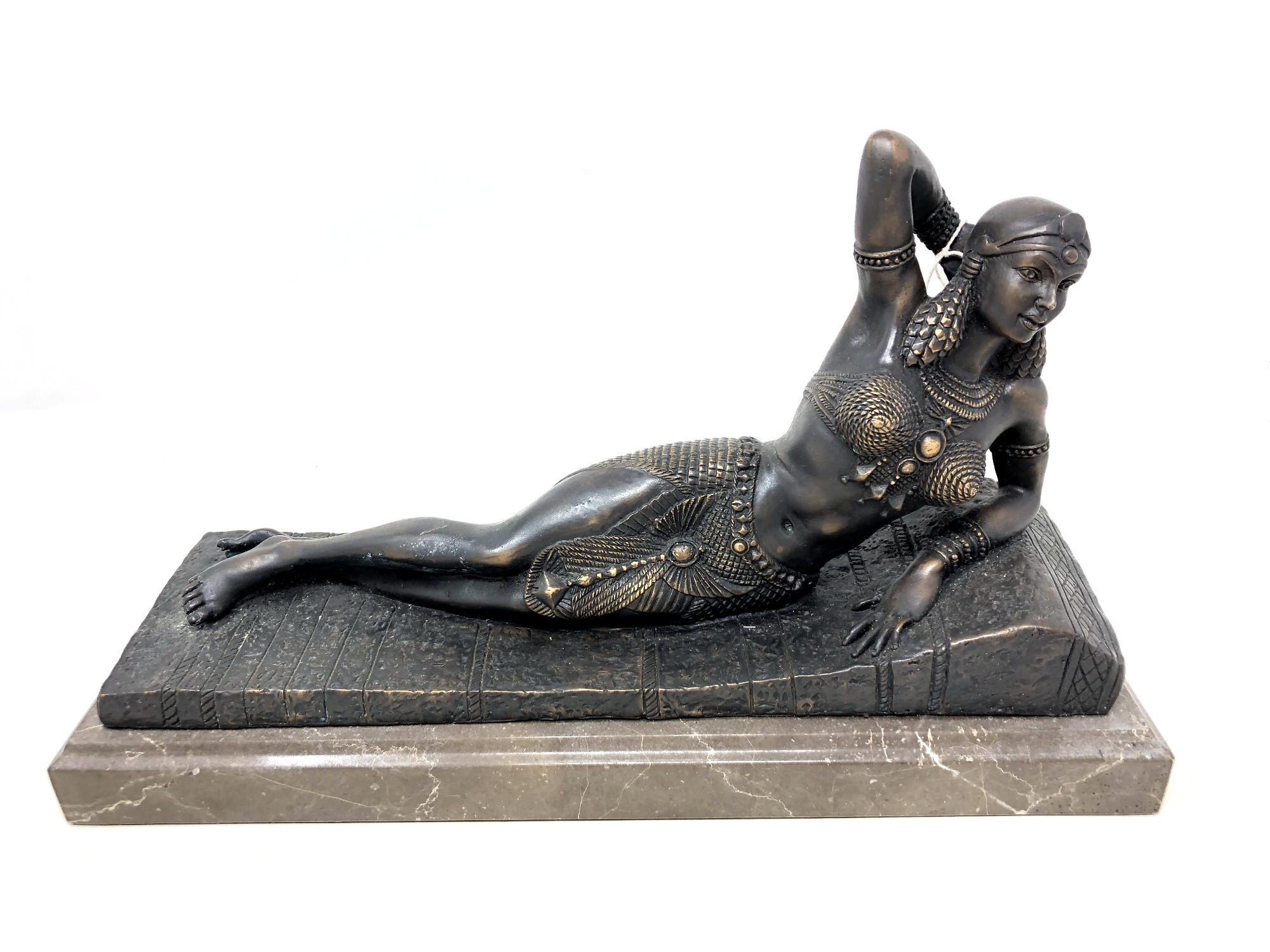 A contemporary bronze figure of an Egyptian style lady on marble plinth