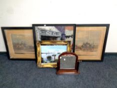 Four pictures and a mahogany framed mirror including a coastal view in oils