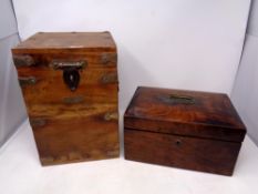An antique walnut sewing box together with a further wooden storage box
