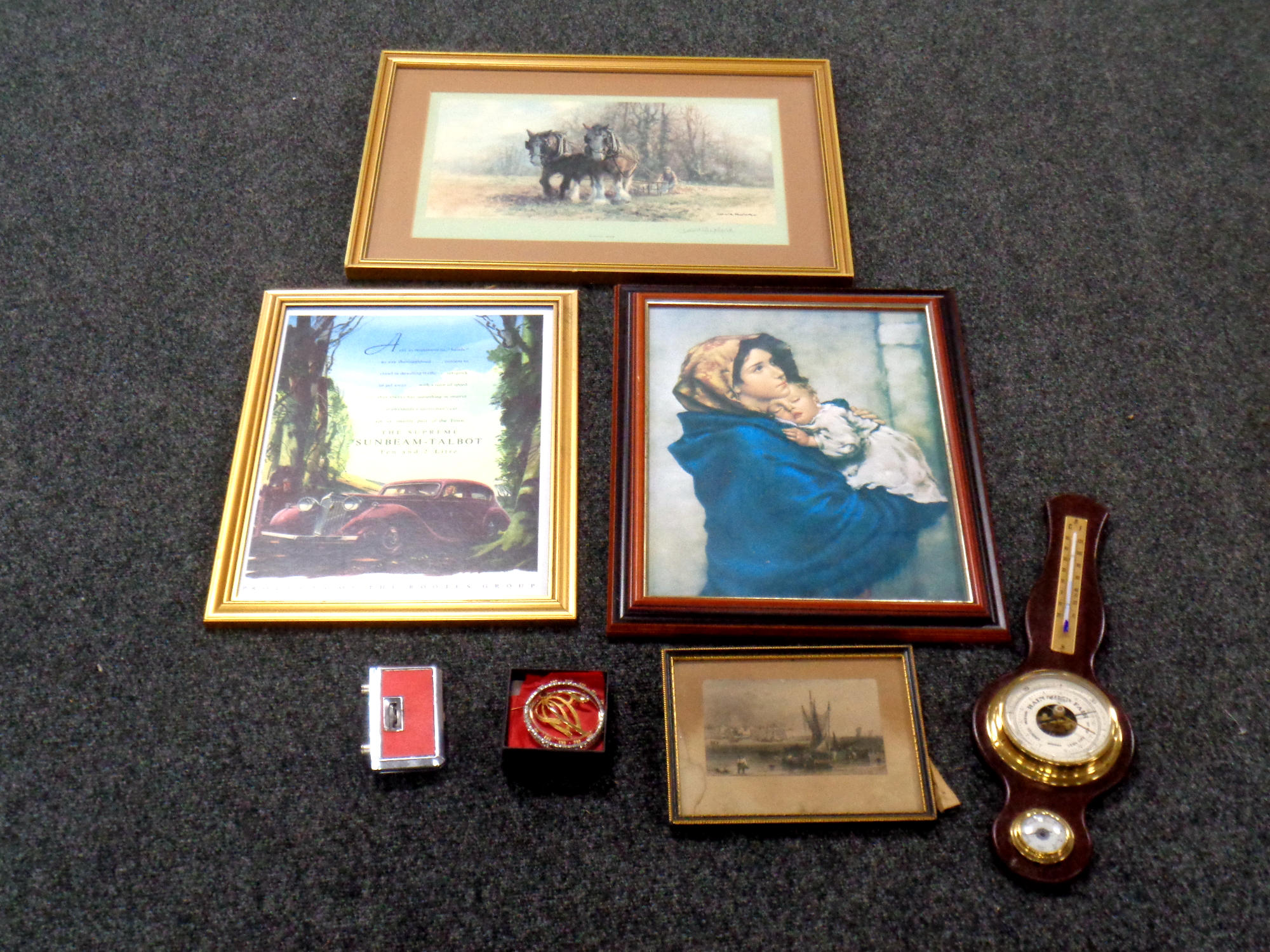 A box containing pictures and prints, wall barometer, folding binoculars,