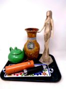 A tray containing Royal Doulton Lambeth vase, modern figurine,
