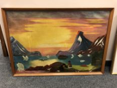 Continental school : Figure at sunset with mountains beyond, oil on canvas,
