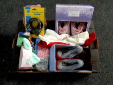 A box containing a quantity of new stock to include slippers, security lock,