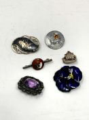 Six various mostly silver brooches including niello, enamel, marcasite etc.
