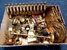 A box containing a quantity of brass ware to include fire front companion pieces,
