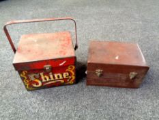 A vintage metal painted shoe shining box together with a further mahogany wooden box (2)