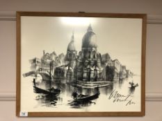 A continental monochrome print depicting a Venetian canal,