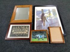 A pine framed mirror together with a signed Ken Howard print and a quantity of picture frames