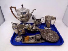 A tray of silver plated items to include hot water jug,