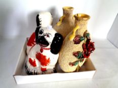A pair of Staffordshire style dogs together with a pair of earthenware vases