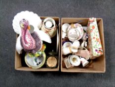 Two boxes containing tea china, large ceramic turkey figure,