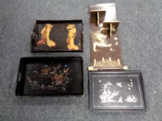 Four pieces of Japanese lacquer ware to include mother of pearl inlaid tray,