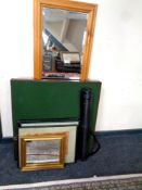 A pine framed mirror together with folding card table,