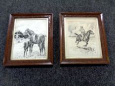 Two pen and ink studies depicting horses in antique oak frames (2)