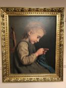 20th century colour print depicting a child knitting,