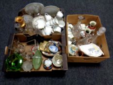 Three boxes containing china, crystal and glass,
