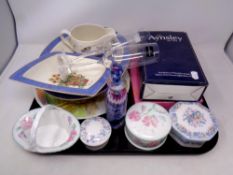 A tray of Aynsley china, Wedgwood Sweet Pea pattern china,