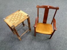 A small child's chair together with a wooden cane seated stool and a case of vinyl records and