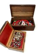 Two antique wooden boxes containing costume jewellery