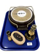 A tray containing Salter scale, brass bell and boot ornament,