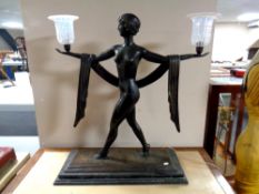 A 20th century bronze Art Deco style table lamp on stepped black marble base with vaseline glass